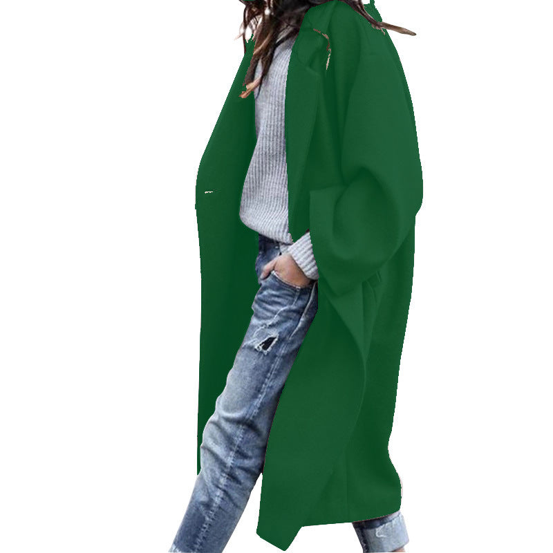 سترة طويلة كاجوال مع جيوب، لون سادة، معطف صوفي بصدر واحد للنساء، ملابس شتوية دافئة