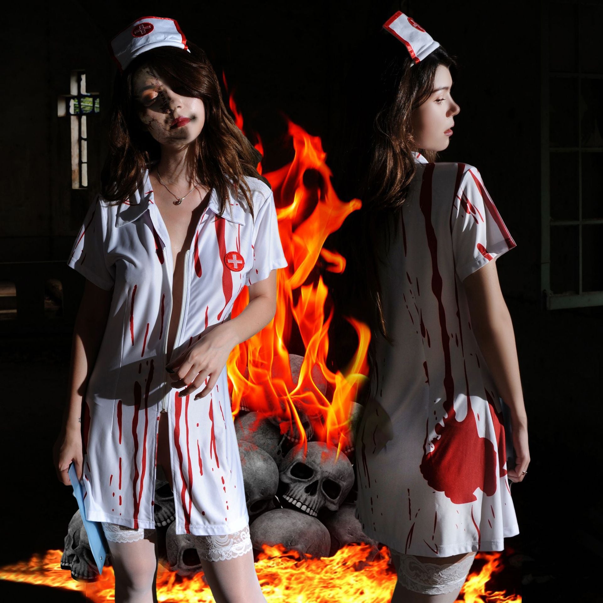 New Halloween Horror Zombie Nurse Cosplay Costume For Women Sexy Bloody Vampire Ghost Bride Carnival Party Irregular Mini Dress