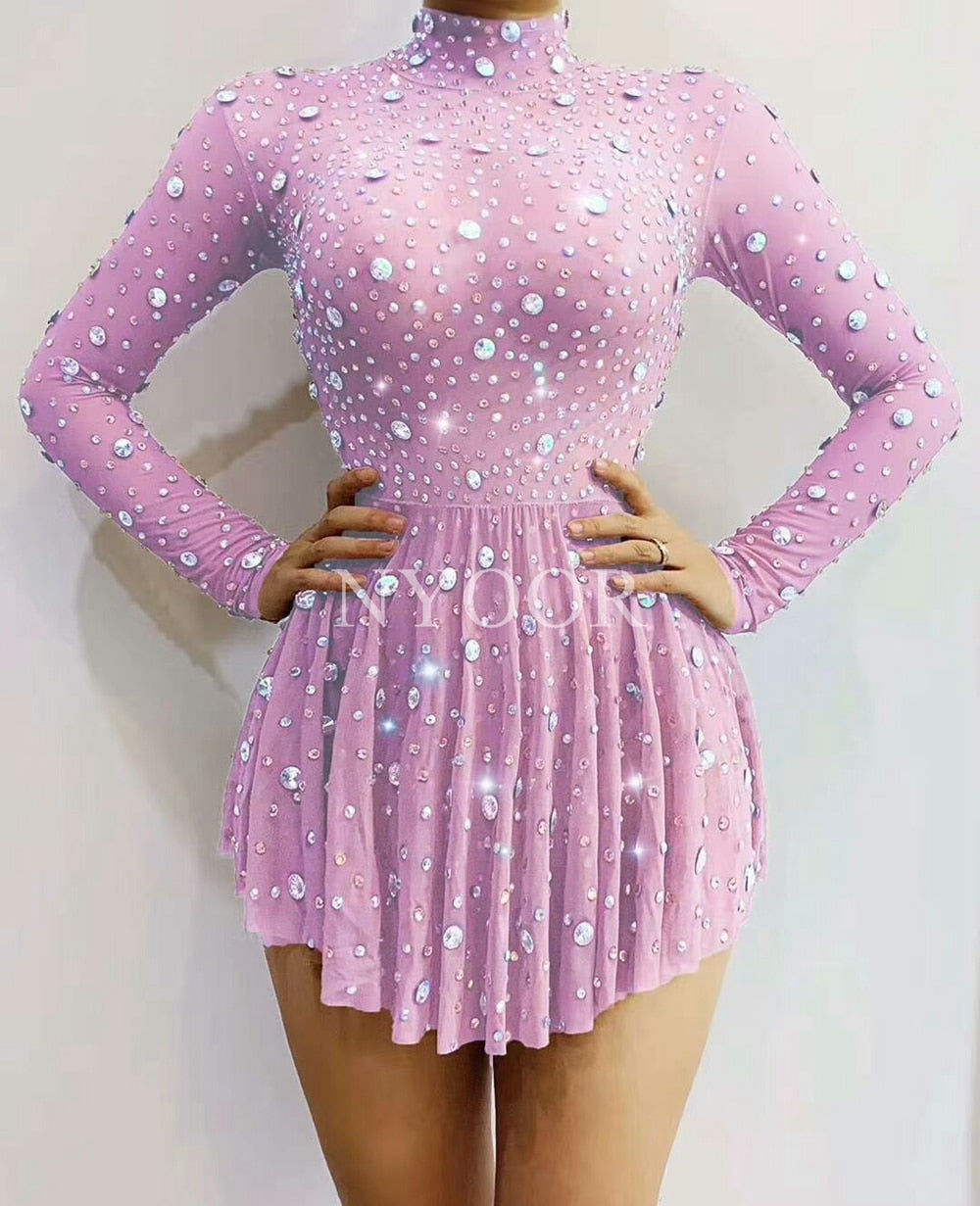 Sexy Transparent Rhinestones Long Sleeve Mini Dress Crystal Dance Costume Women Birthday Celebrate Party Outfit  Show Stage Wear
