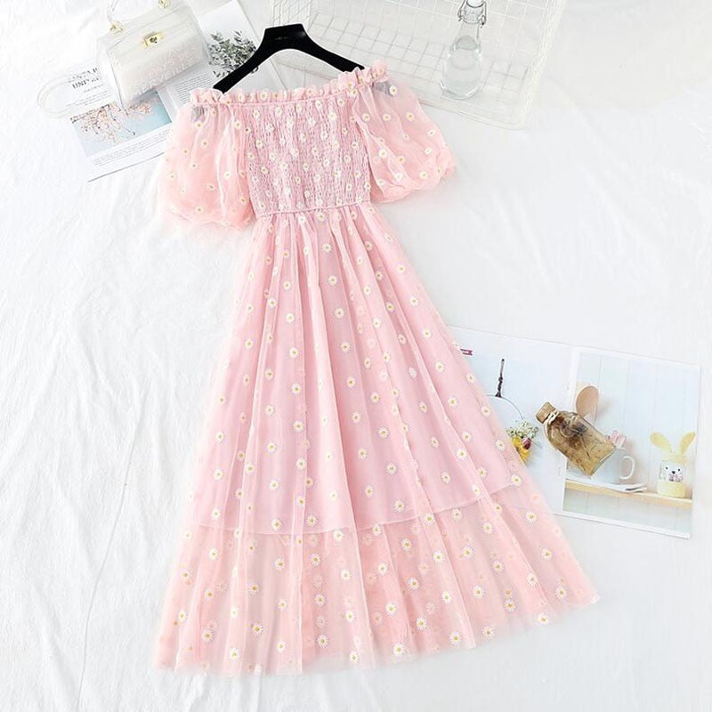 small daisies embroidery mesh dresses women 2022 sexy off the shoulder french vintage party ruffle dresses elegant vestidos