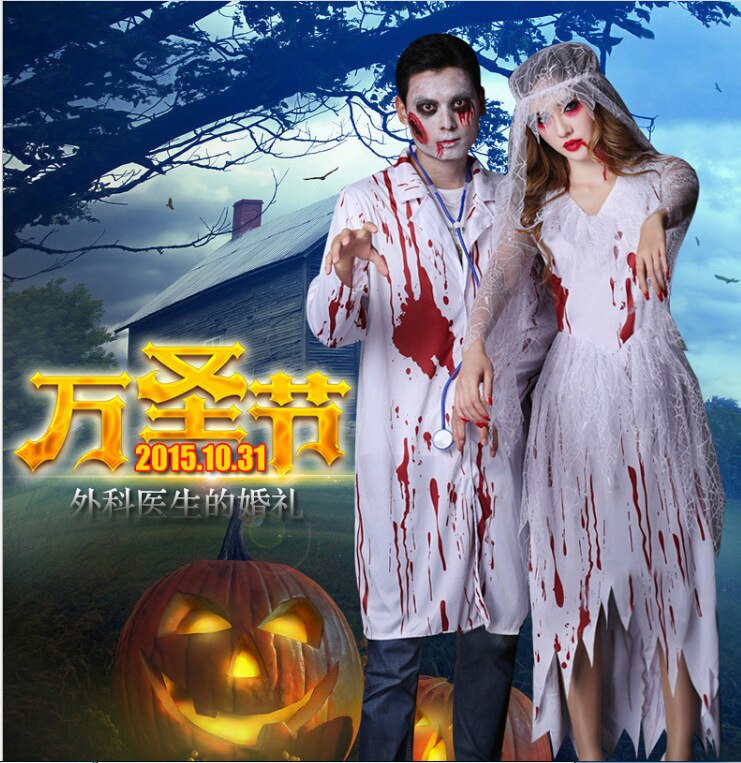 New Halloween Horror Zombie Nurse Cosplay Costume For Women Sexy Bloody Vampire Ghost Bride Carnival Party Irregular Mini Dress