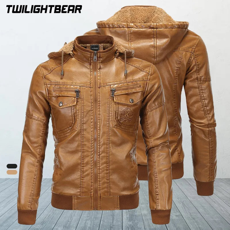 Winter Men's Leather Jackets Male Hooded Fleece Coat EUR Size Streetwear PU Casual Biker Jackets Men Motorcycle Jacket AS1603