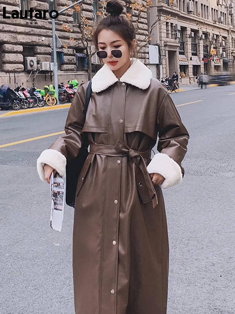 Lautaro Winter Long Warm Thick Leather Trench Coat for Women with Faux Fur Inside Belt Loose Korean Fashion 2021 Fur Lined Parka