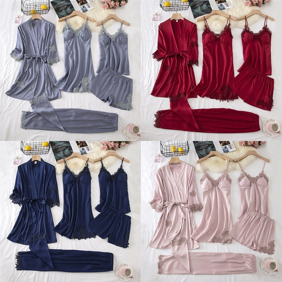 Lace PJ&#39;s Women Pajamas Suit Satin Sexy Sleepwear Summer Pyjamas With Trousers Nightgown V-Neck Kimono Robe Gown Set Lingerie