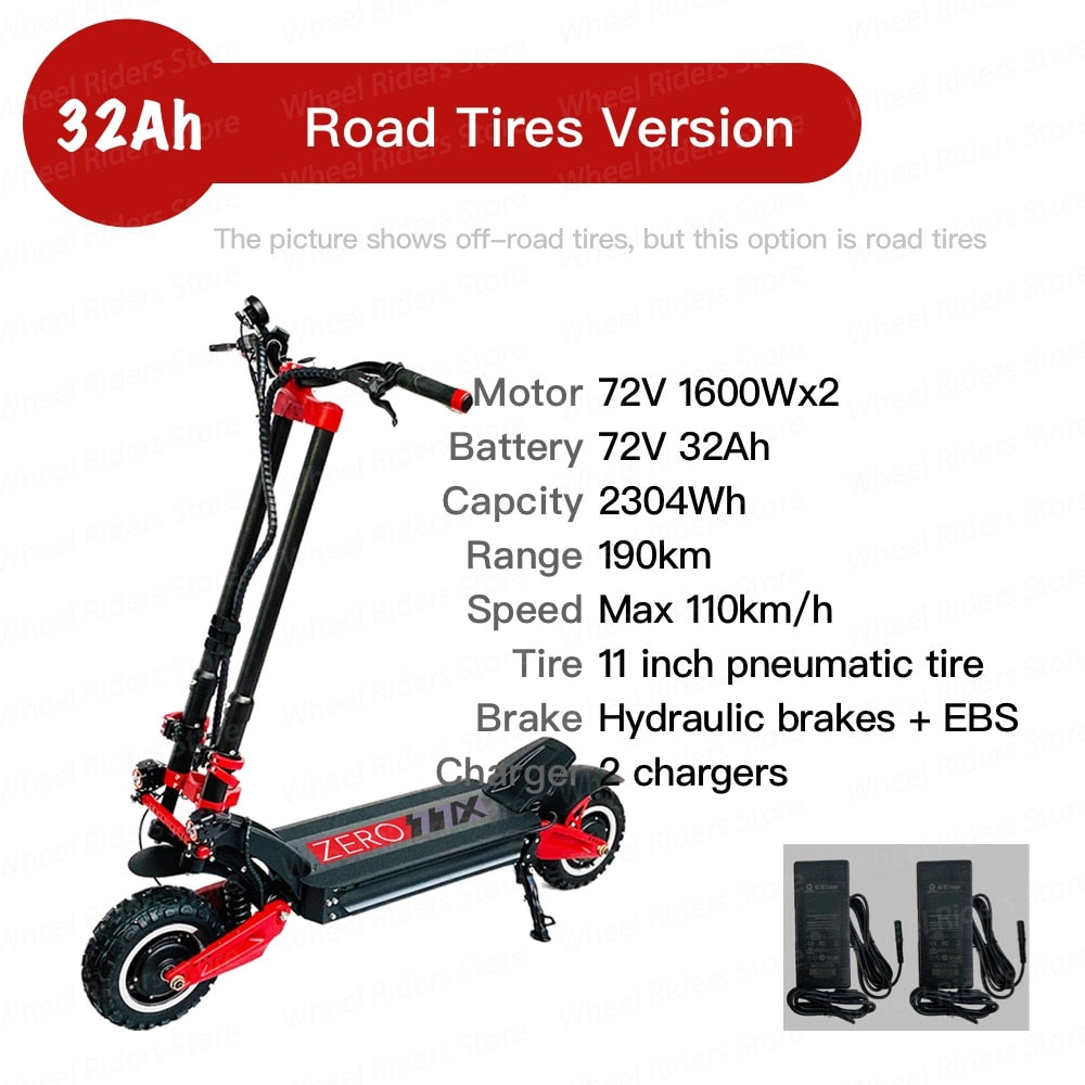 2023 Original  ZERO 11 X Electric Scooter 11 Inch Dual Motor 72V 3200W Off-Road E-Scooter 110km/h Double Drive Off Road