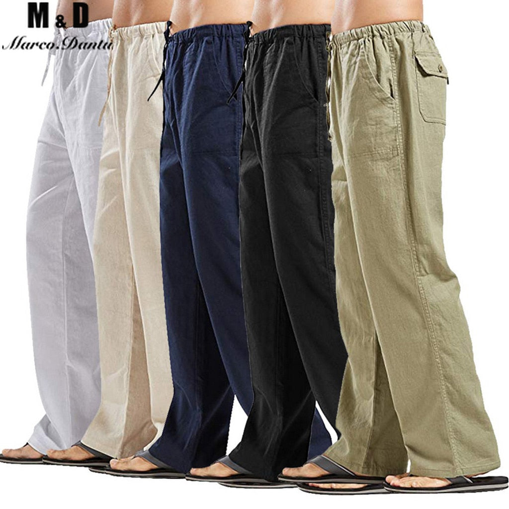 Summer Men Solid Color Linen Multi-pocket Straight Casual Pants Plus Large Size Breathable Comfortable Drawstring Loose Trousers