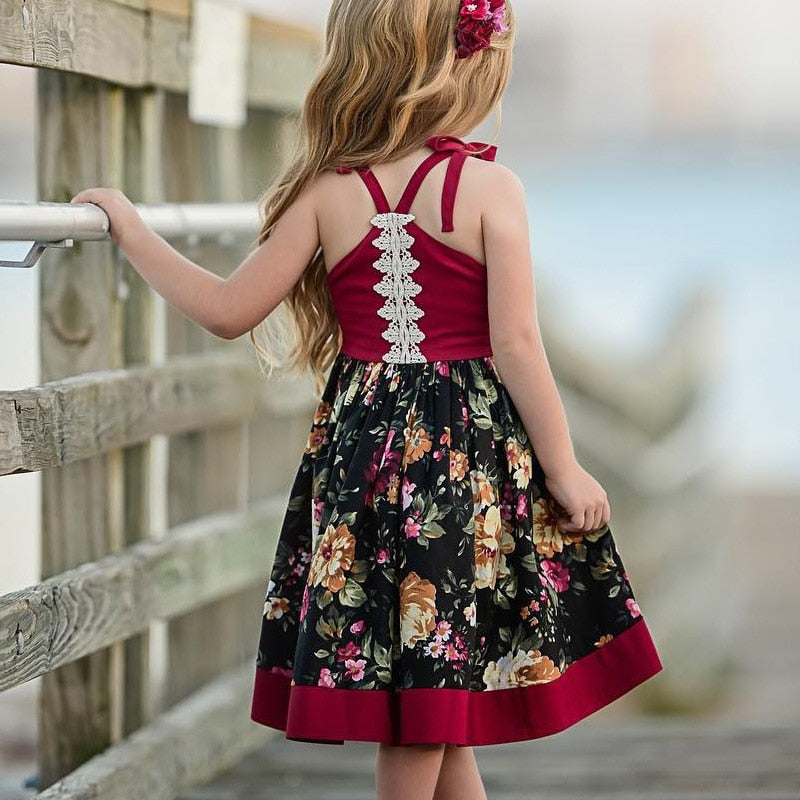 EACHIN Girls Dresses Vintage Floral Print Backless Dress Summer Princess Dresses Irregular A-Line Children Clothes Size 1-10Y