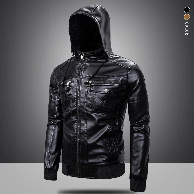 Winter Men's Leather Jackets Male Hooded Fleece Coat EUR Size Streetwear PU Casual Biker Jackets Men Motorcycle Jacket AS1603