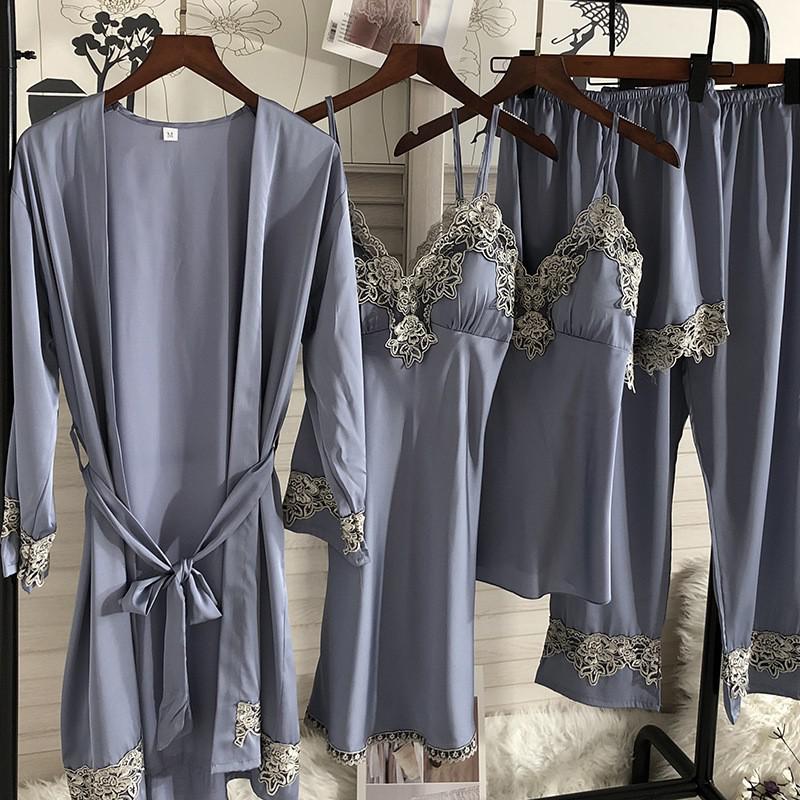 Sexy Female Kimono Bathrobe Gown Satin Nightdress Home Clothes Silky Lace Patchwork Intimate Lingerie Nightgown Sleepwear