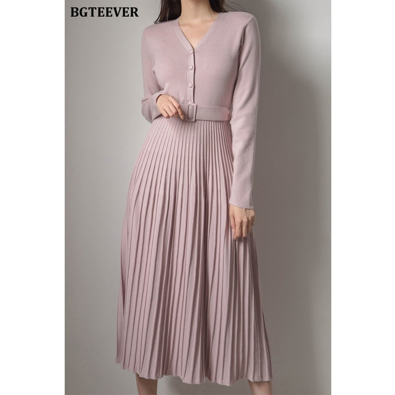 BGTEEVER Elegant V-neck Single-breasted Women Thicken Sweater Dress 2021 Autumn Winter Knitted Belted Female A-line soft dresses