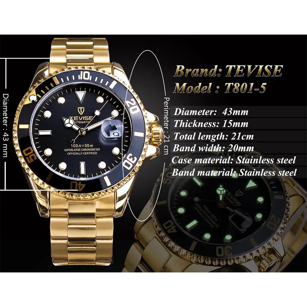TEVISE Luxury Calendar Gold Waterproof Stainless Steel Men Automatic Mechanical Business Fashion Wrist Watch Luminous Date Clock