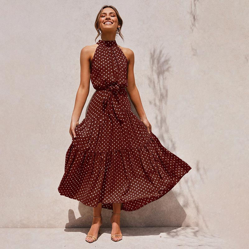 OUSLEE Summer Casual Long Dress Boho Style Halter Polka Dot Dresses Women Elegant Party Print Maxi Dresses Ladies Vestidos Mujer