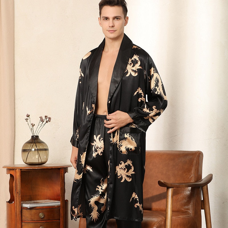 Male Satin Sleepwear Robe&Pants Dargon Pajamas Set Print Men Nightwear Kimono Bathrobe Gown Faux Silk Lounge Wear Home Clothes