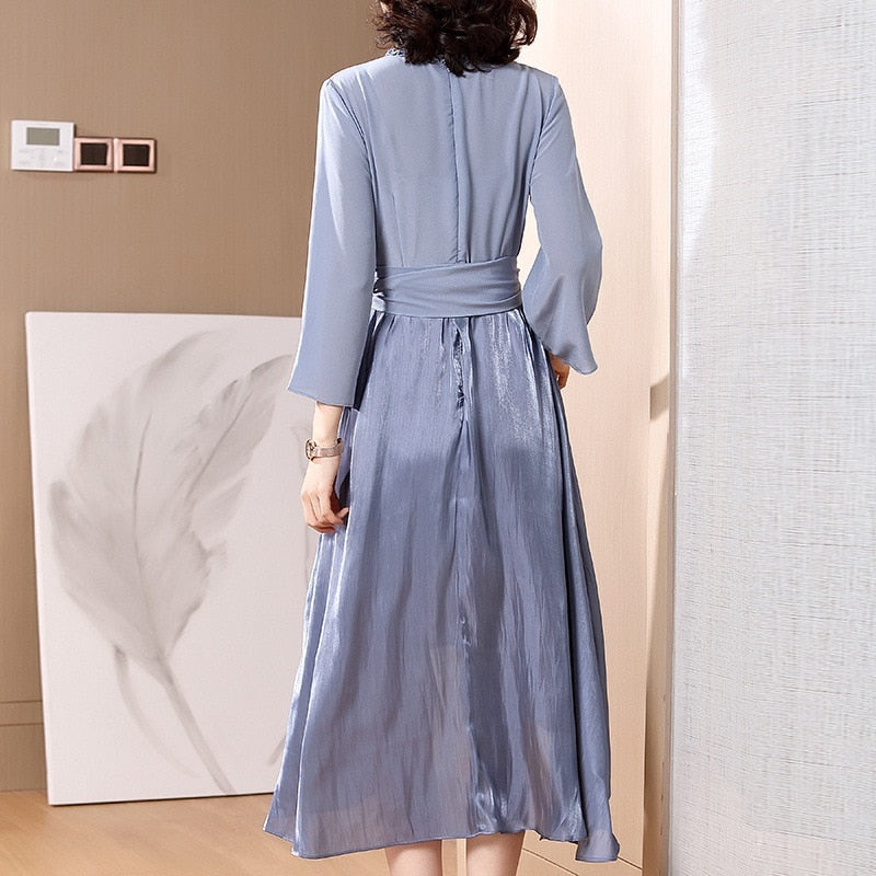 Spring and summer 2020 new women&#39;s fashion V-neck nine point sleeve irregular silk silk dress