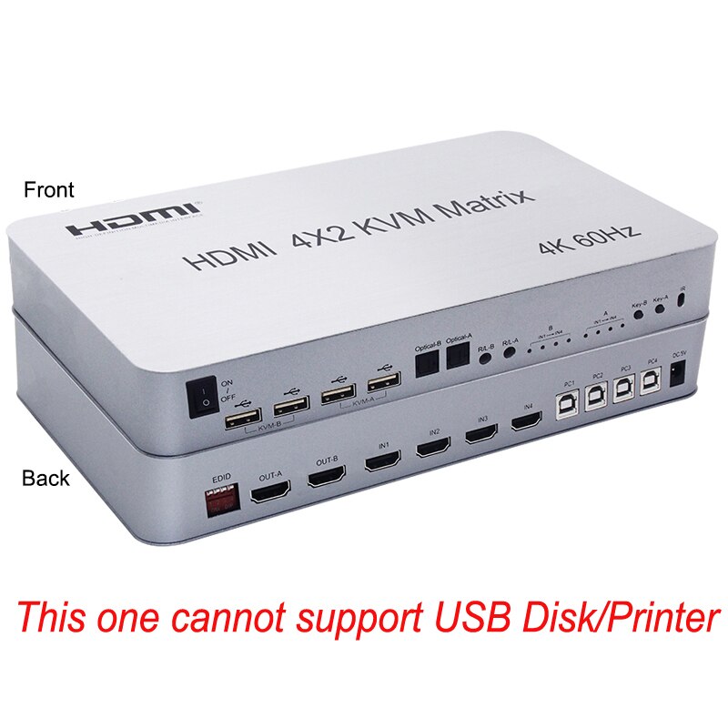 4K 60Hz 4x2 HDMI KVM Matrix Switch Splitter 4 In 2 Out 2 USB Keyboard Mouse Control 4 Computers Support USB Flash Drive Printer