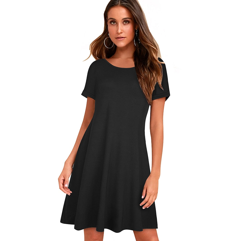 Nice-forever Causal Pure Color Basic Summer Short Dresses Women Straight Shift Loose Dress A211