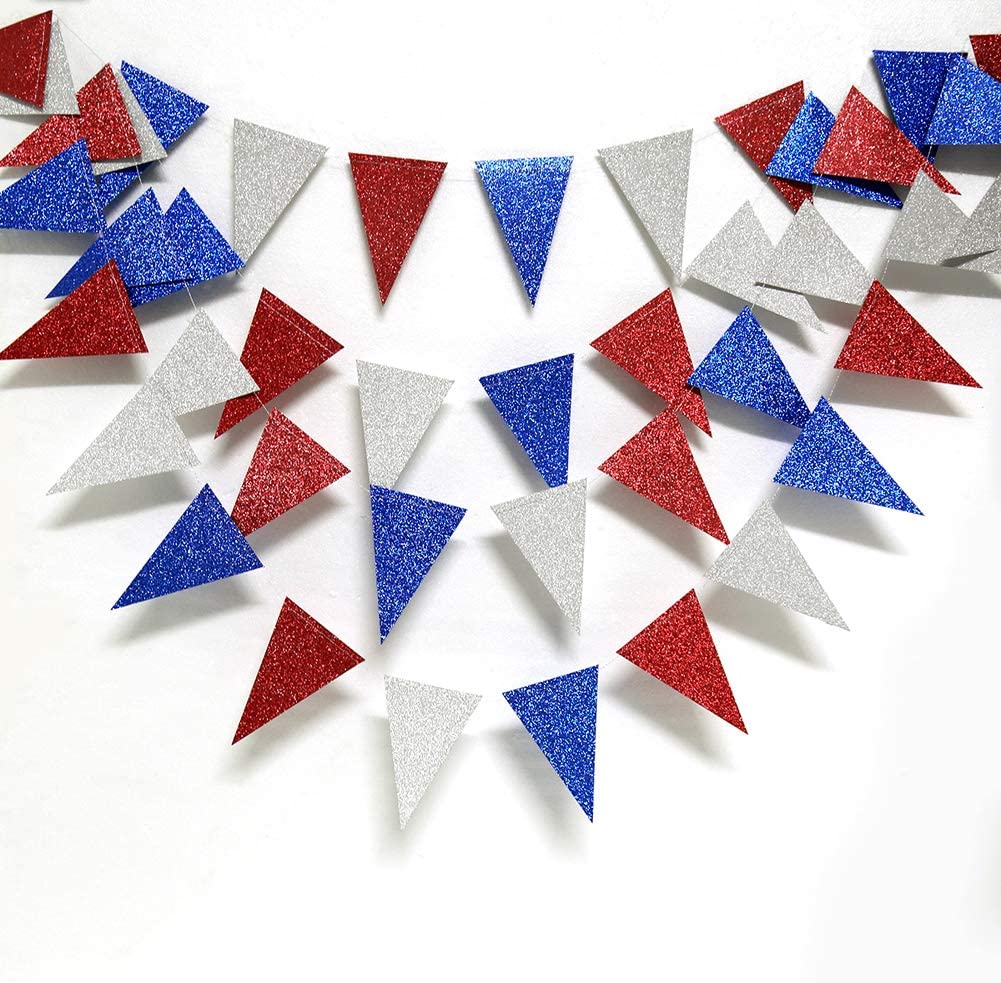 4th of July Red White Blue USA Themed Party Paper Star Streamers Patriotic Glitter Star Garland String Chain Hanging Decorations