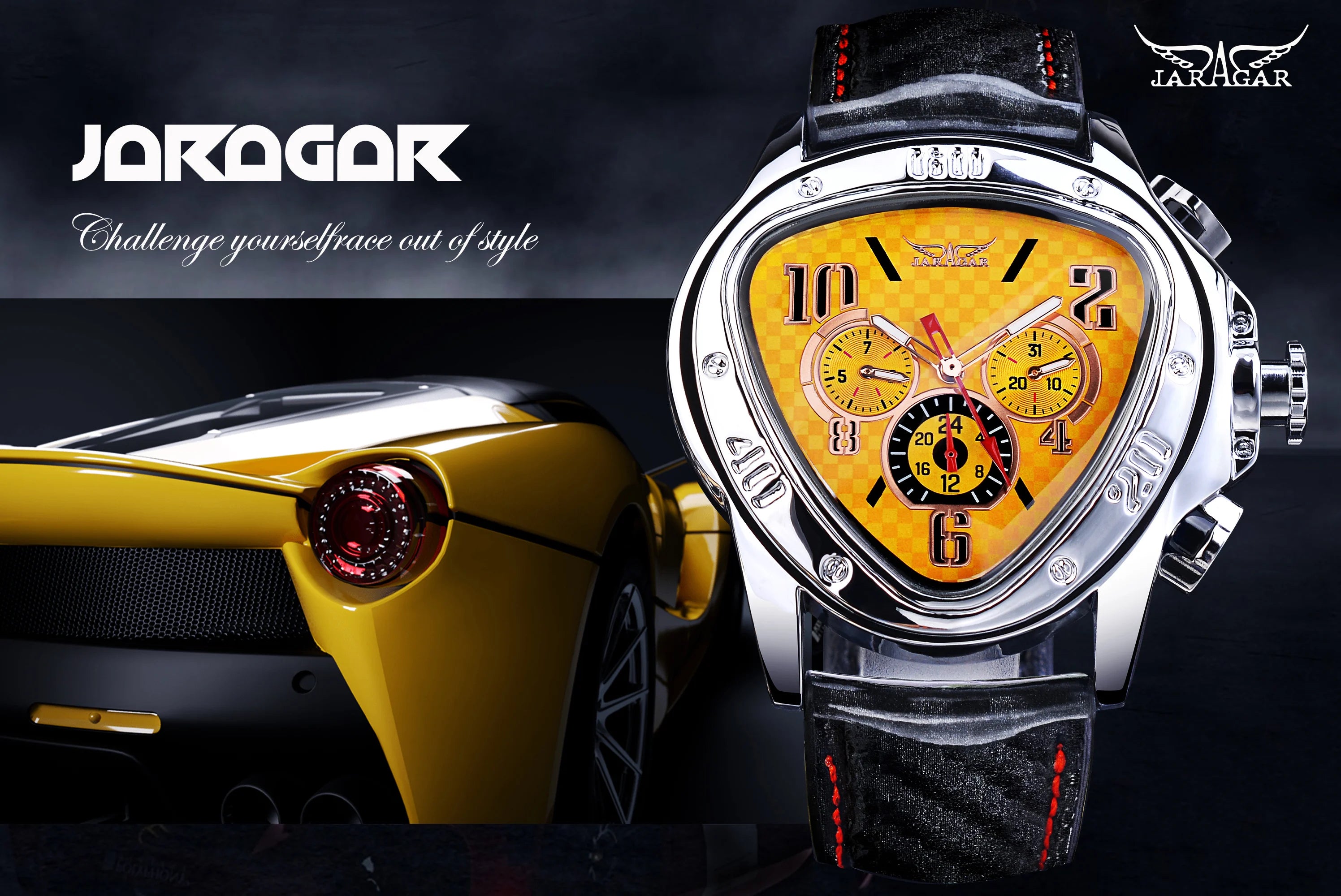 JARAGAR مثلث ساعة ميكانيكية رجالية حزام من الجلد ساعات غير منتظمة ساعة يد أوتوماتيكية 3 بطلب تصميم مع مؤشرات مضيئة