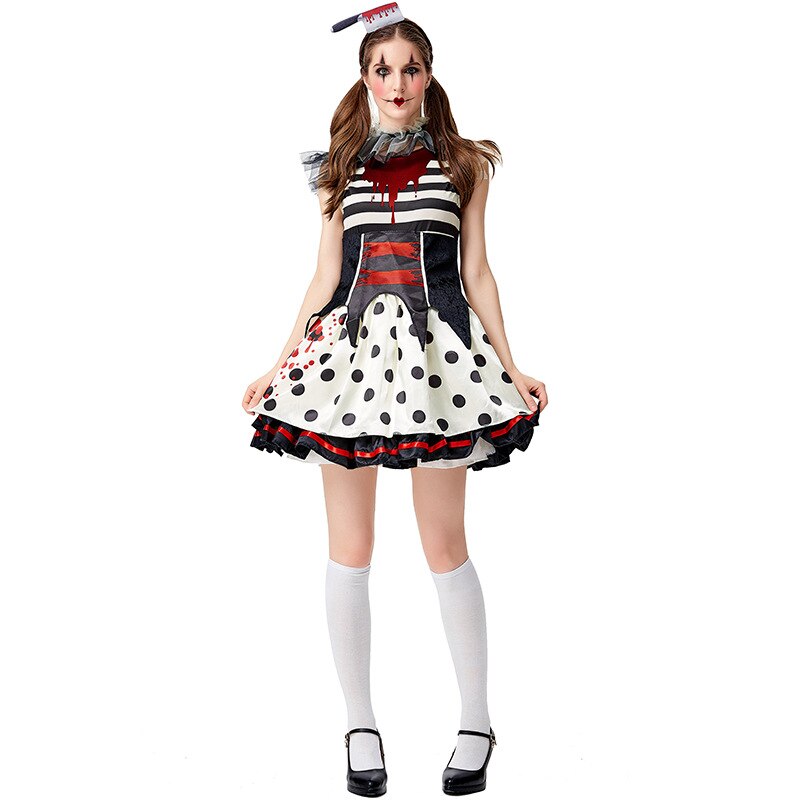 New Halloween Scary Bloody Circus Clown Cosplay For Women Sleeveless Dots Mini Dresses Zombie Girl Carnival Purim Party Costume