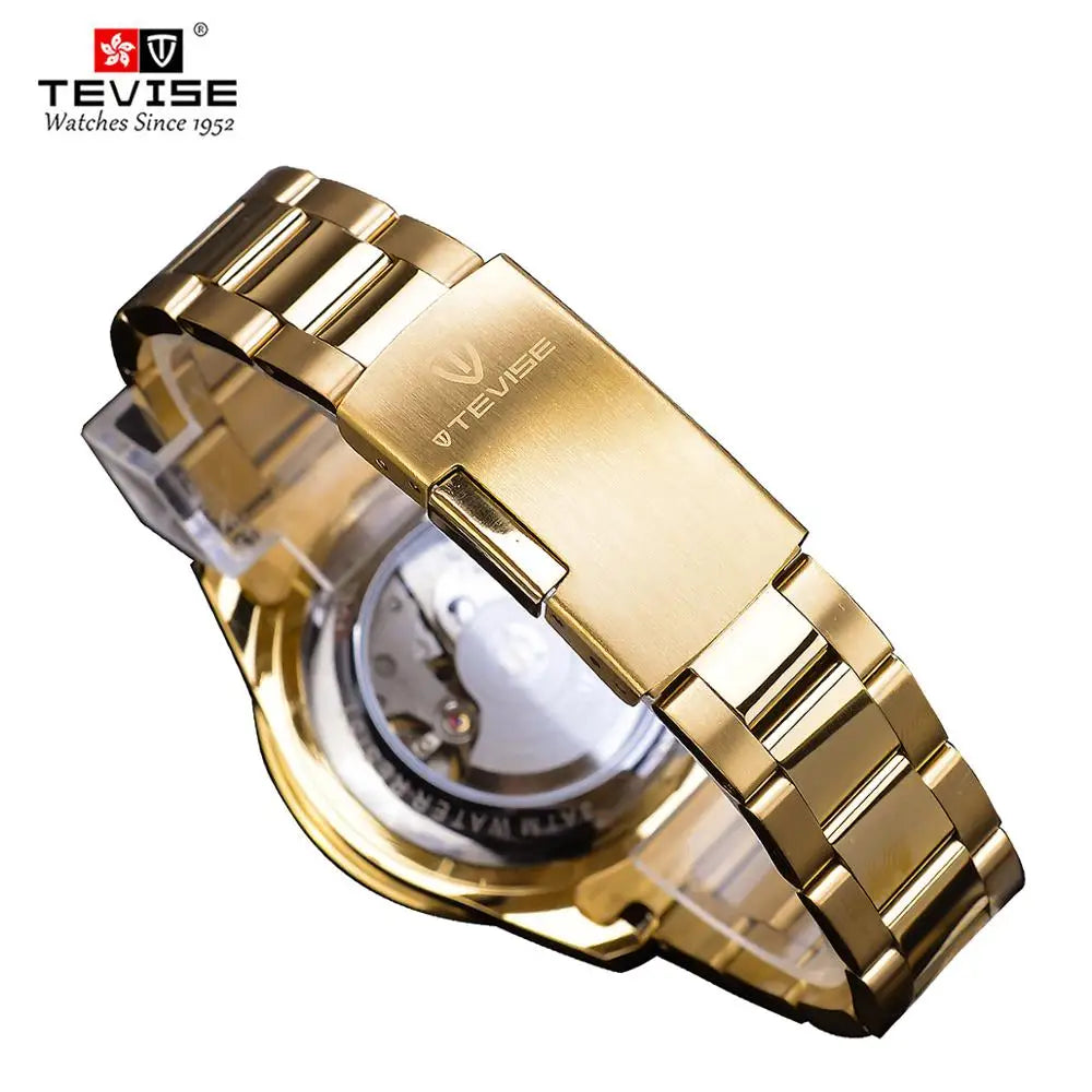 TEVISE Luxury Calendar Gold Waterproof Stainless Steel Men Automatic Mechanical Business Fashion Wrist Watch Luminous Date Clock