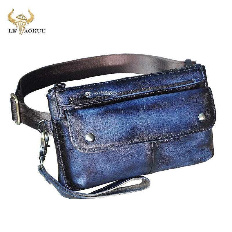 Cowhide Leather men Casual Fashion Travel Fanny Waist Belt Bag Chest Sling Bag Design Bum 7&quot; Phone Case Pouch Male 8136-G