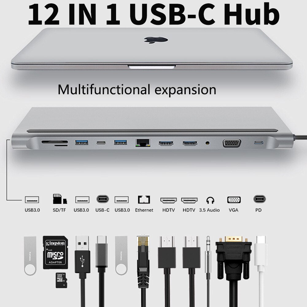 tebe MST USB C Hub Type-c to Dual HDMI-Compatible VGA Multi USB Lan Ethernet 3.5mm PD Charger SD TF Adapter For Macbook Air