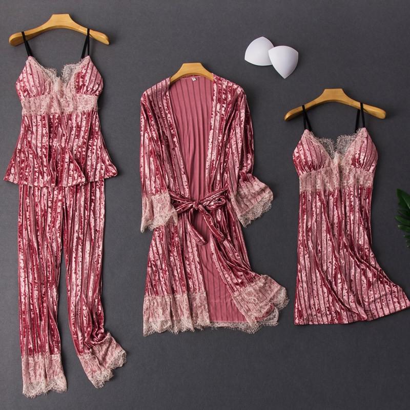 Lady Pajamas Suit Nighty&amp;Robe Set Sexy Velvet Sleepwear Intimate Lingerie 2021 Autumn New Kimono Gown Homewear Nightgown