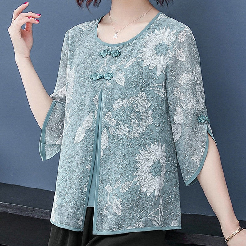 Women Spring Summer Style Chiffon Blouses Shirts Lady Casual Half Sleeve O-Neck Chiffon Blusas Tops ZZ0850