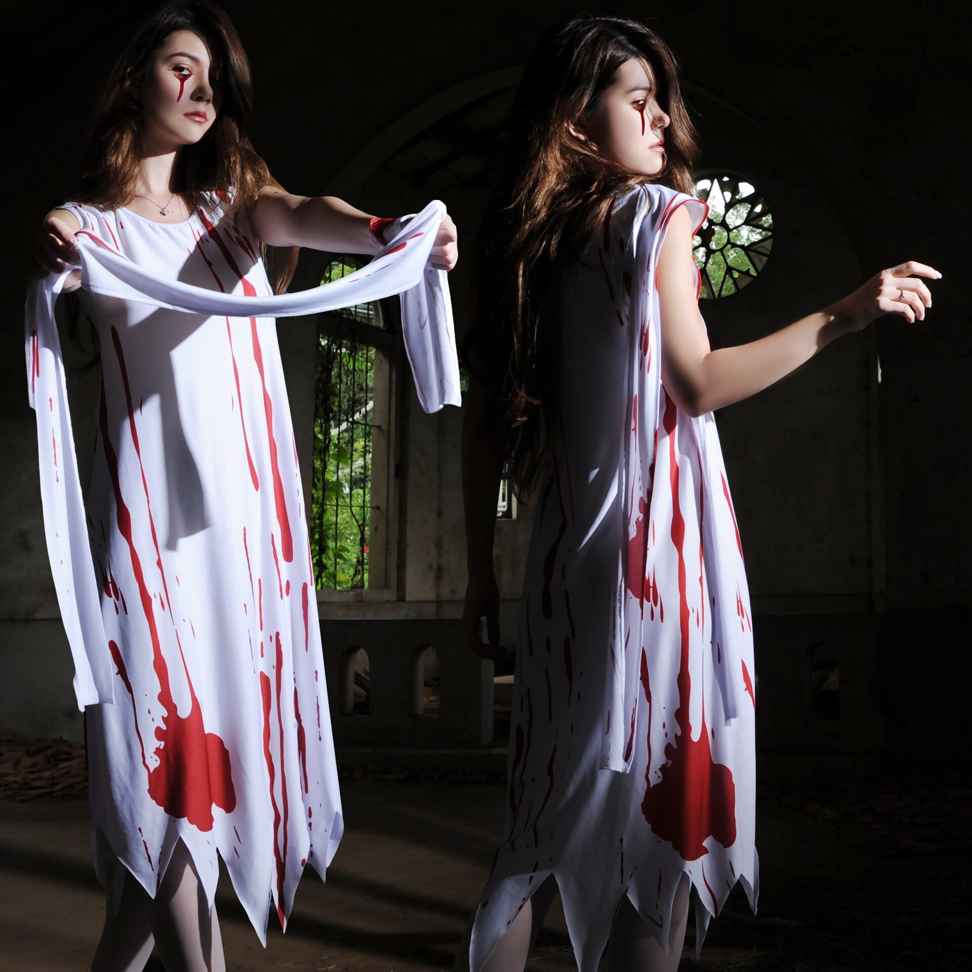 New Halloween Horror Zombie Nurse Cosplay Costume For Women Sexy Bloody Vampire Ghost Bride Carnival Party Irregular Mini Dress