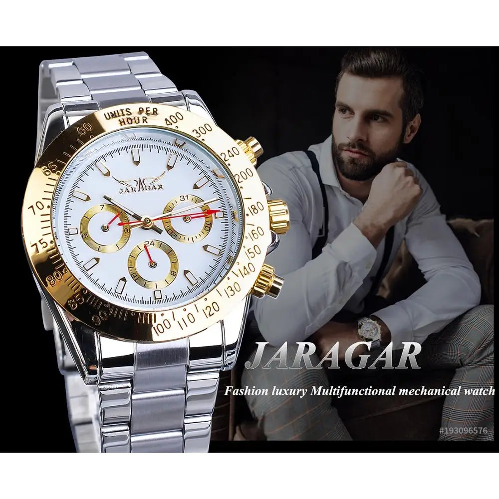 Jaragar Relogio Masculino ساعة رجالية 2019 ذهبية كبيرة الطلب التقويم عرض التلقائي الصلب ساعات المعصم ساعة ميكانيكية للرجال