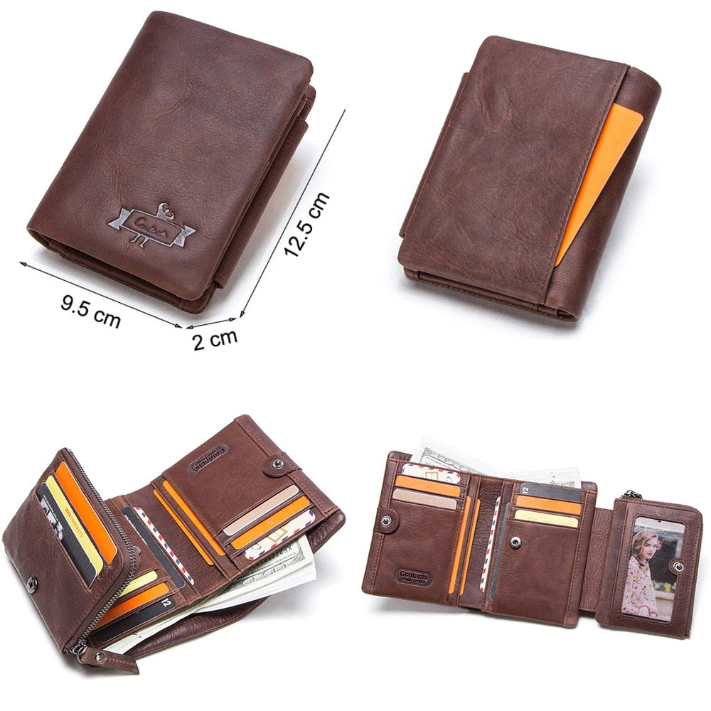 CONTACT&#39;S Genuine Crazy Horse Leather Men Wallets Vintage Trifold Wallet Zip Coin Pocket Purse Cowhide Leather Wallet For Mens