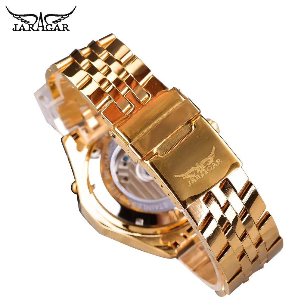 Jaragar Golden Stainless Steel Tourbillion Design Calendar Display Mens Watches Top Brand Luxury Automatic Mechanical Wristwatch