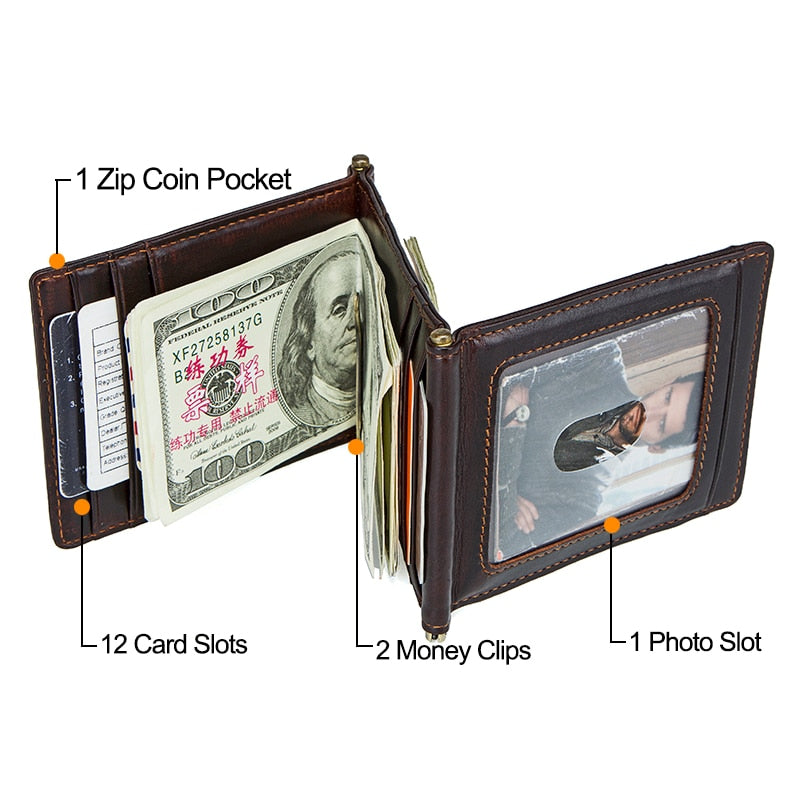 CONTACT'S كريزي هورس جلد البقر مشبك نقود RFID محفظة بطاقات رفيعة ثلاثية الطي مشبك نقود رجالي حامل نقود رجل جيب عملة بسحاب