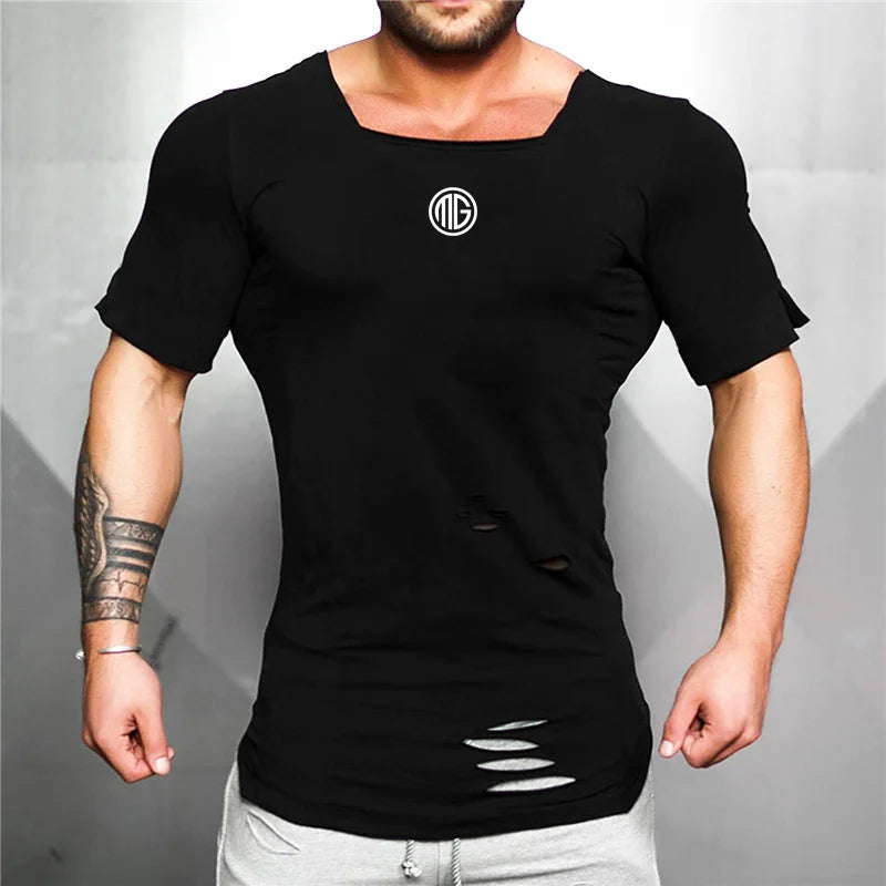 New 2022 Cotton Men's T shirt Vintage Ripped Hole T-shirt Men Fashion Casual Top Tee Men Hip Hop Activewears Fitness Tshirt Male
