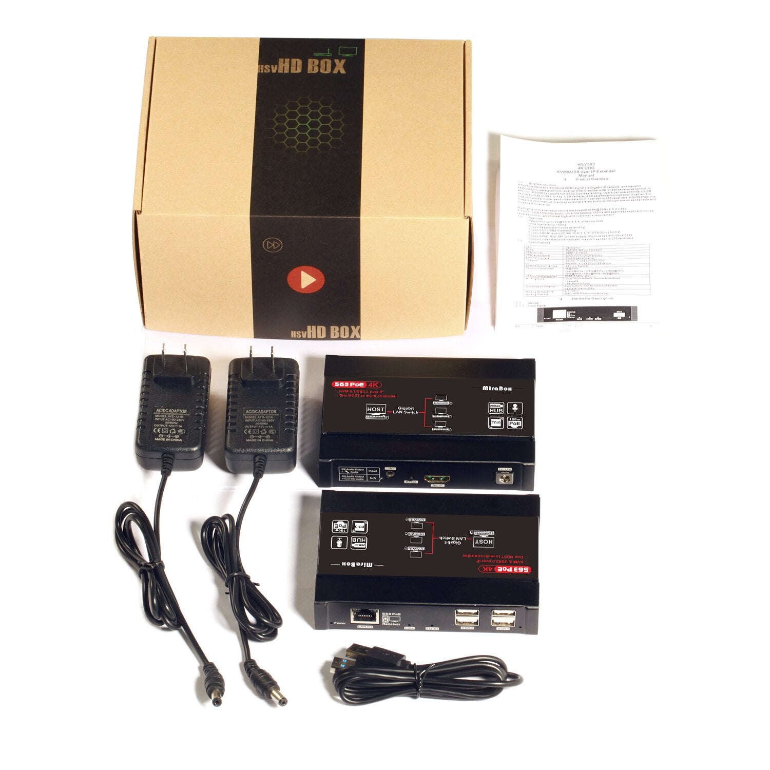 Mirabox HDMI KVM Extender 4K@30Hz Over TCP IP support Gigabit PoE Network Switch up to 383ft  Cat6 to HDMI Receiver