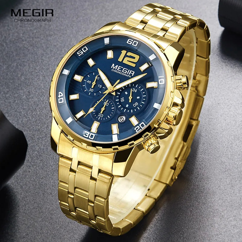 Megir Men's Gold Stainless Steel Quartz Watches Business Chronograph Analogue Wristwatch for Man Waterproof Luminous 2068GGD-2N3