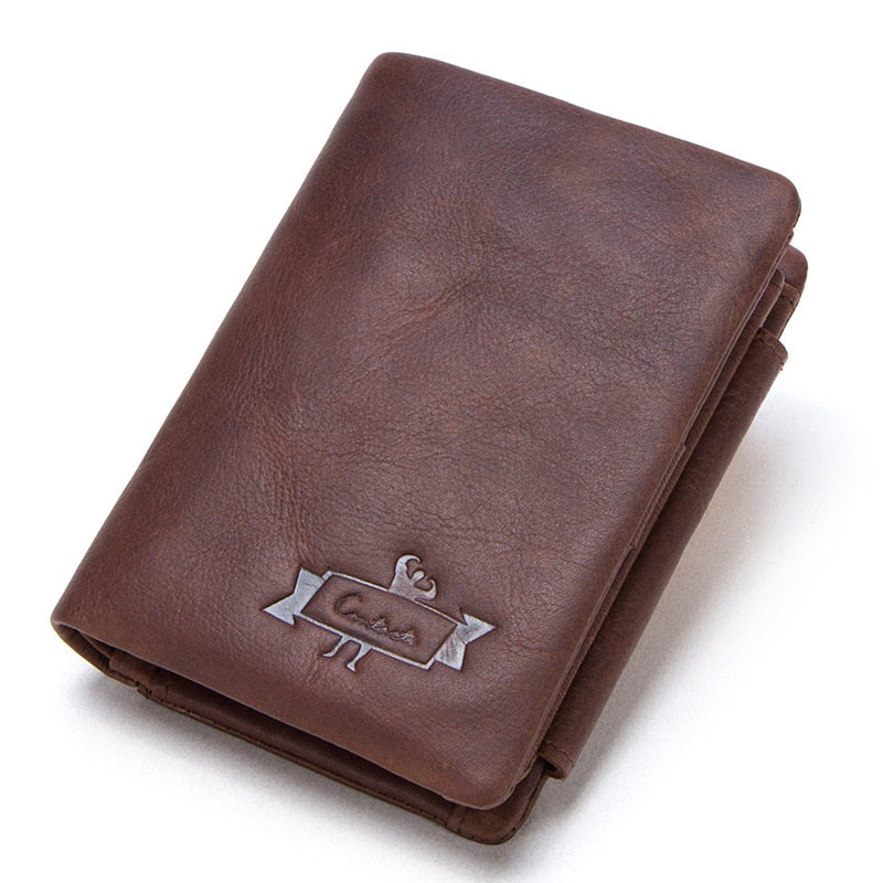 CONTACT&#39;S Genuine Crazy Horse Leather Men Wallets Vintage Trifold Wallet Zip Coin Pocket Purse Cowhide Leather Wallet For Mens