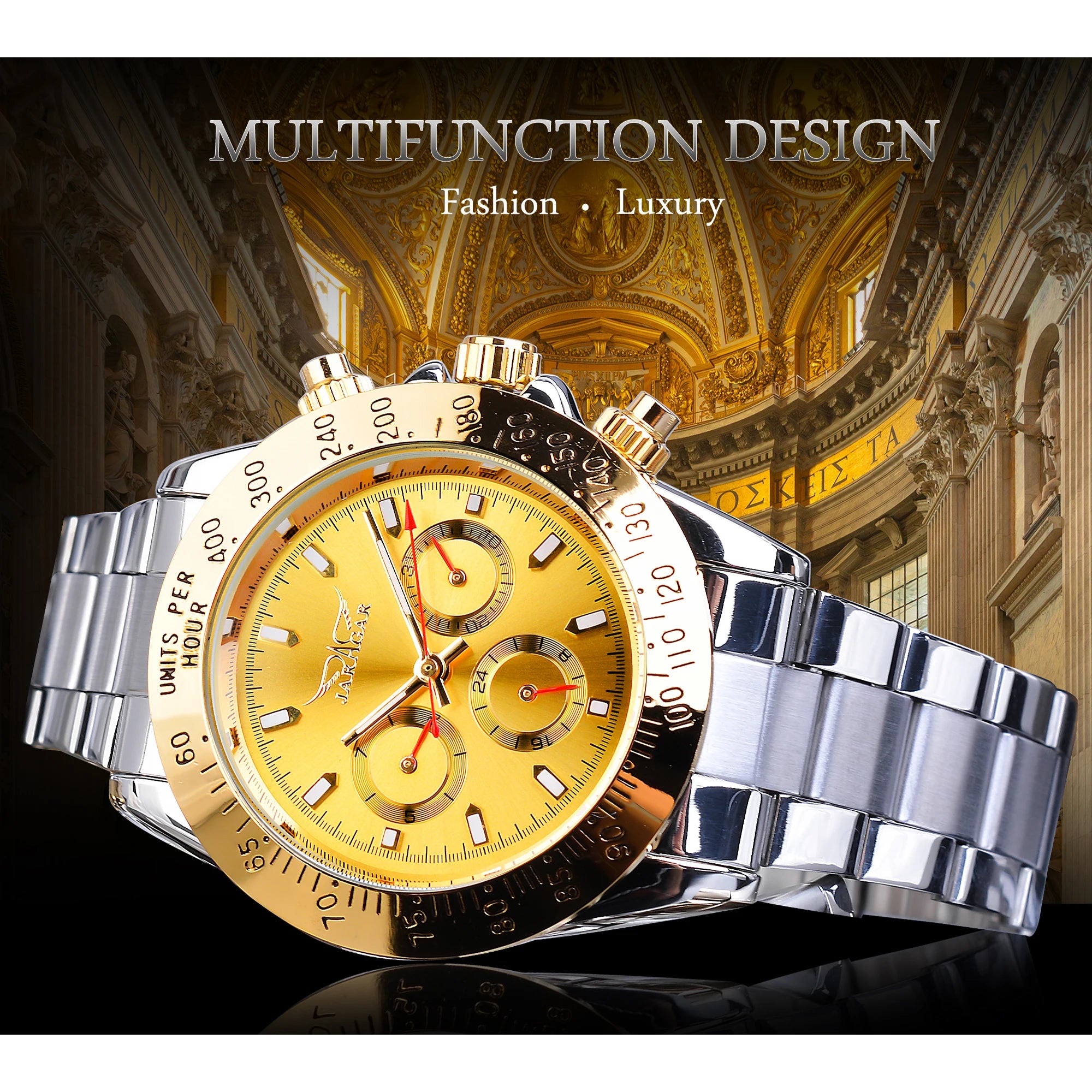 Jaragar الذهبي التلقائية الرجال ساعة اليد 3 الطلب الفرعي تصميم التقويم الساعات الكبيرة حزام الصلب الميكانيكية الفاخرة الأعمال على مدار الساعة هدية
