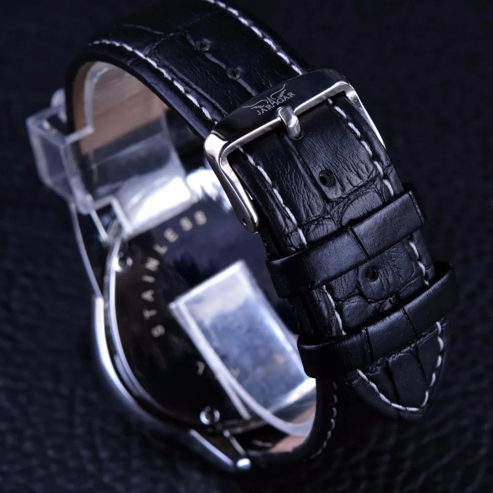 Jaragar الرياضة تصميم الأزياء ساعات رجالي العلامة التجارية الفاخرة التلقائي ووتش المثلث 3 الطلب عرض حزام من الجلد الطبيعي على مدار الساعة