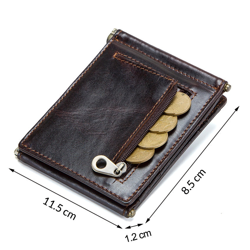 CONTACT&#39;S Crazy Horse cowhide leather RFID money clip slim card wallet trifold male cash clamp man cash holder zip coin pocket