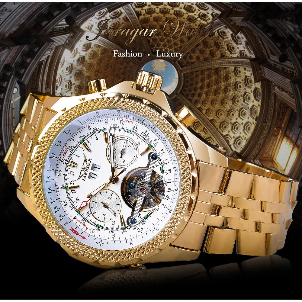 Jaragar الذهبي الفولاذ المقاوم للصدأ توربيون تصميم التقويم عرض ساعات رجالي العلامة التجارية الفاخرة ساعة اليد الميكانيكية التلقائية