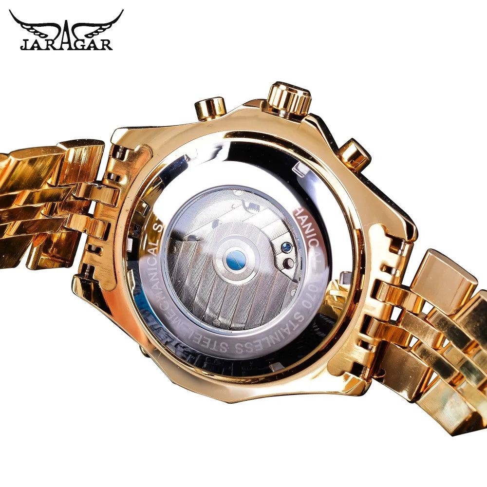 Jaragar Golden Stainless Steel Tourbillion Design Calendar Display Mens Watches Top Brand Luxury Automatic Mechanical Wristwatch