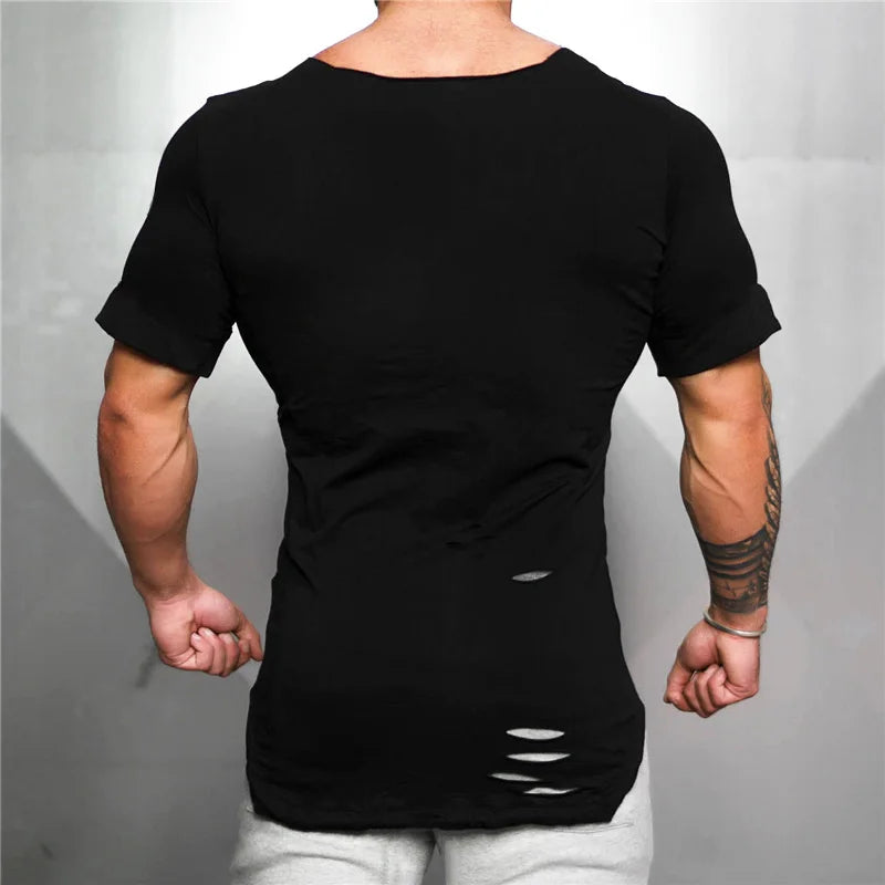 New 2022 Cotton Men's T shirt Vintage Ripped Hole T-shirt Men Fashion Casual Top Tee Men Hip Hop Activewears Fitness Tshirt Male