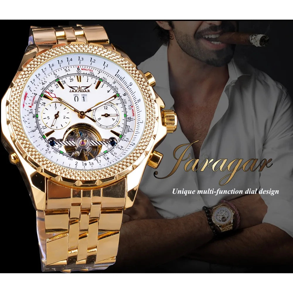 Jaragar الذهبي الفولاذ المقاوم للصدأ توربيون تصميم التقويم عرض ساعات رجالي العلامة التجارية الفاخرة ساعة اليد الميكانيكية التلقائية