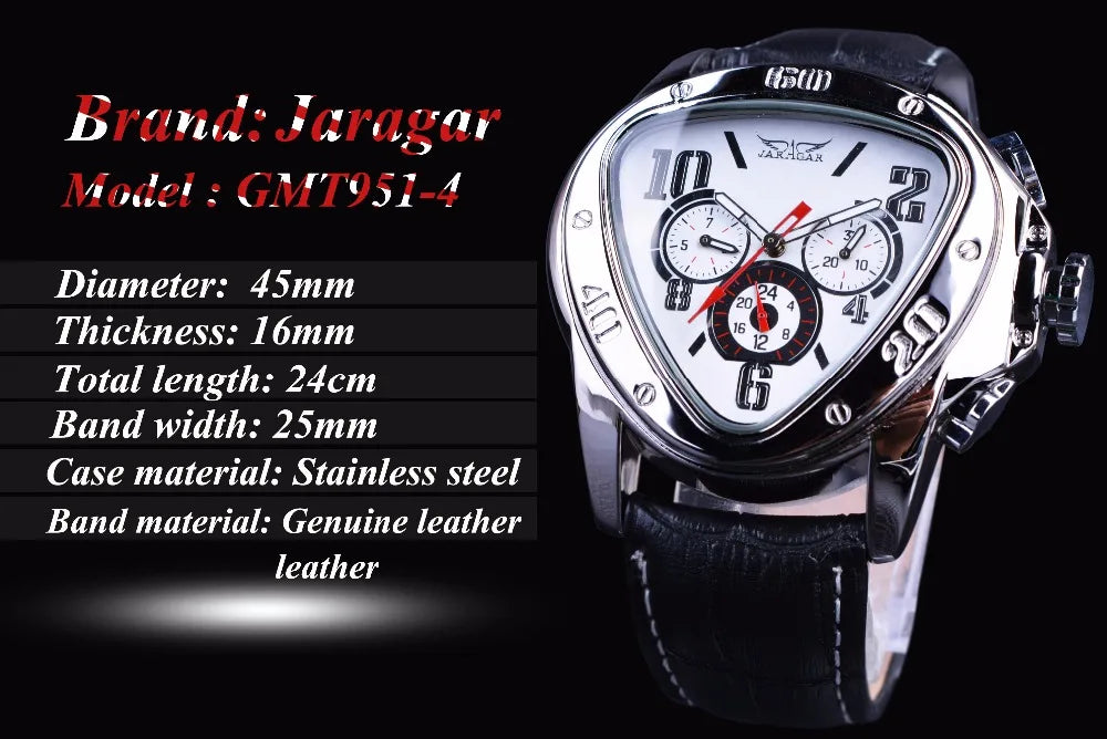 Jaragar Sport Fashion Design Mens Watches Top Brand Luxury Automatic Watch Triangle 3 Dial Display Genuine Leather Strap Clock