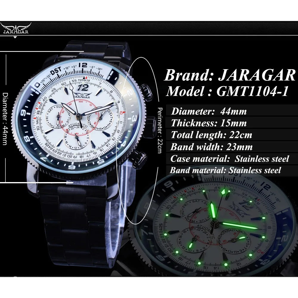 Jaragar Fashion Three Small Dial Date Week Hour Display Black Bracelet Men's Automatic Watches Luminous Hands Military Clock