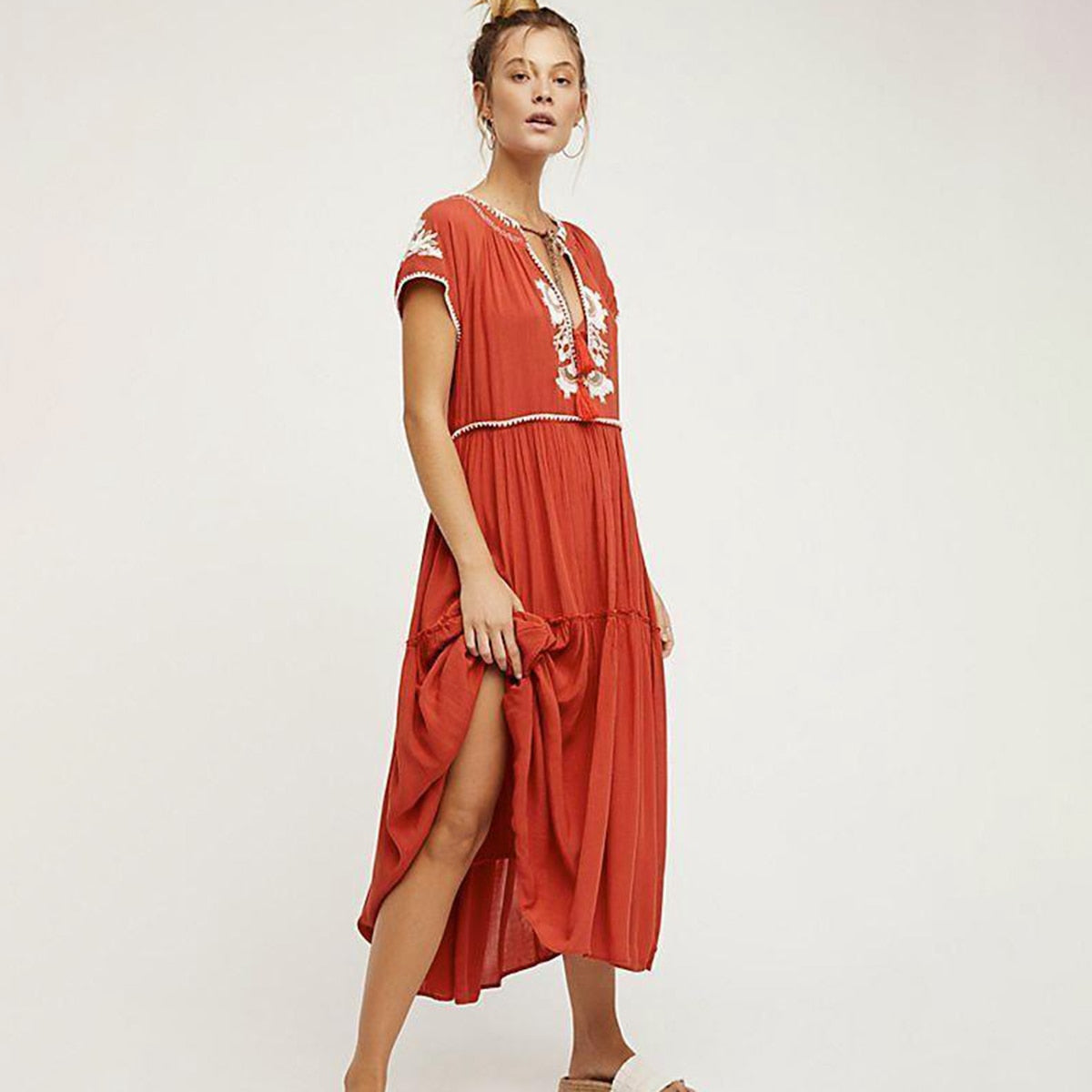 Daisy Fields Boho Maxi Dress Women Long Sleeve V neck Lace Up Sexy Dresses Ladies Red Embroidery Gypsy Hippie Long Dress 2020