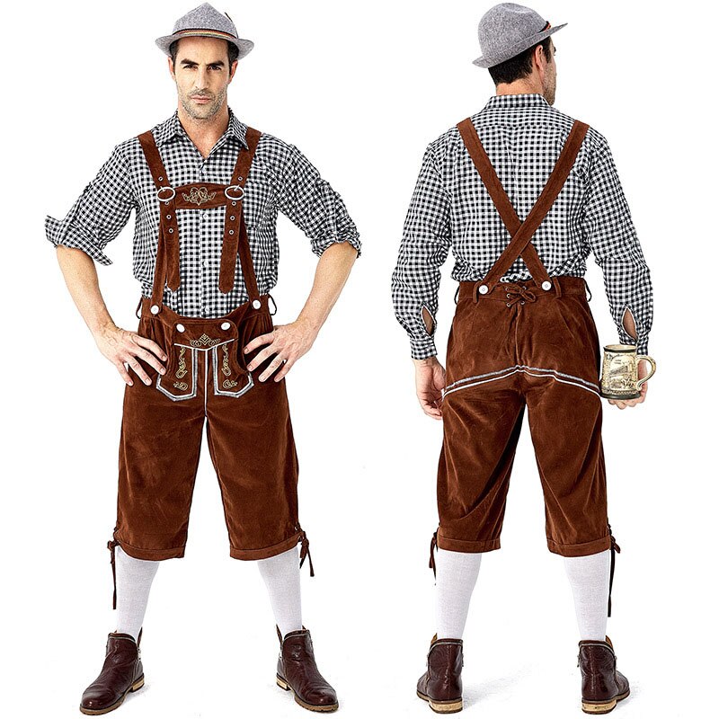 Adults German Bavarian Oktoberfest Costumes Men Traditional Outfit Plaid Shirt Embroidered Straps Shorts Halloween Carnival Set