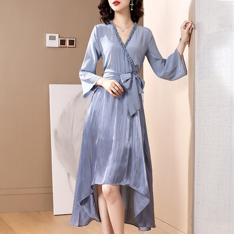 Spring and summer 2020 new women&#39;s fashion V-neck nine point sleeve irregular silk silk dress