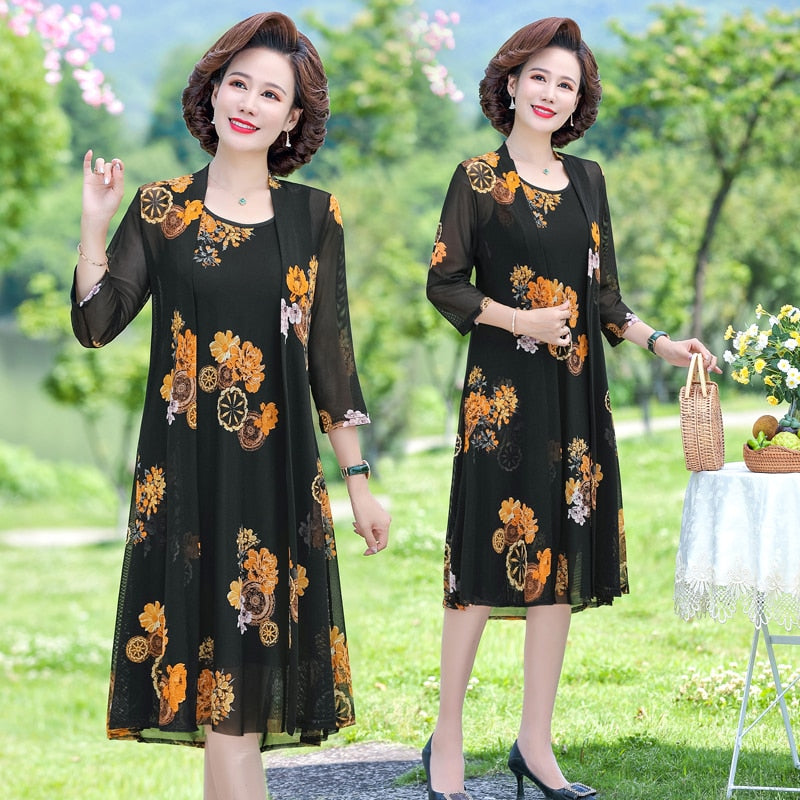 2022 new Summer Floral Print 2 piece set dress cardigan women party midi dresses elegant vintage robe femme 5xL